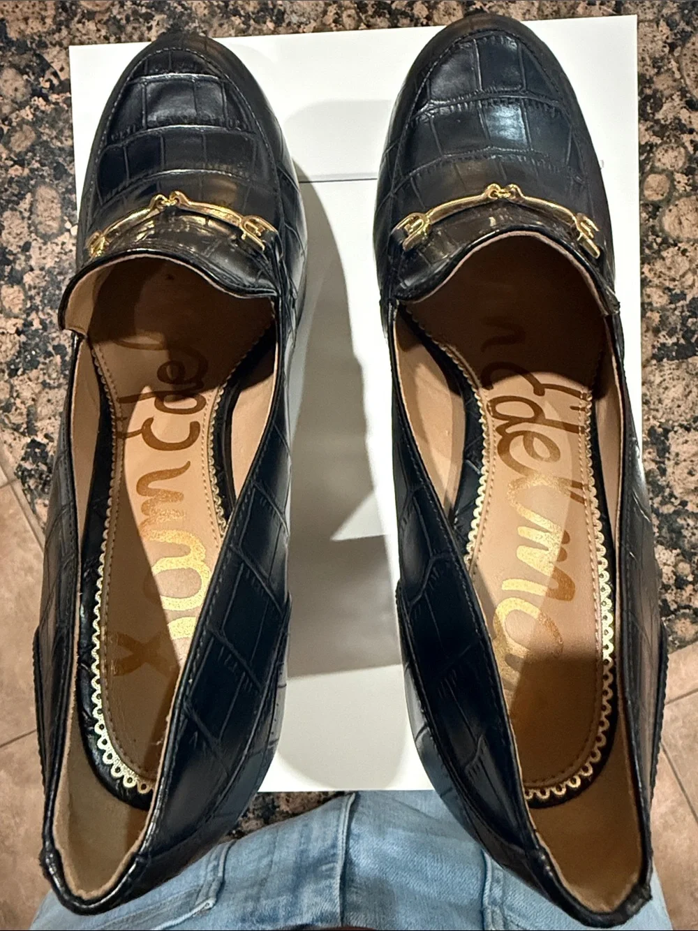 Sam Edelman Black Croc-Embossed Platform Loafers with Gold Bit